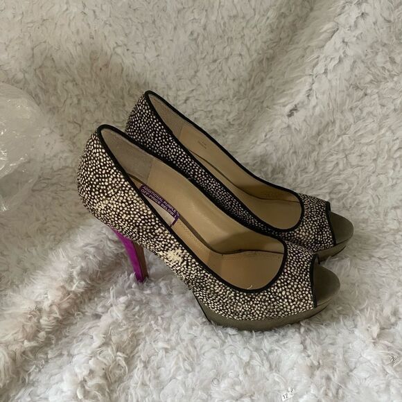 Enzo Angiolini leather calf hair beige and brown platform mauve suede heelsSZ8.5 - Picture 6 of 10